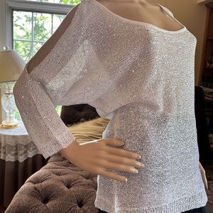 Bebe Elegant Off-the-Shoulder White Sweater with silver s sequins